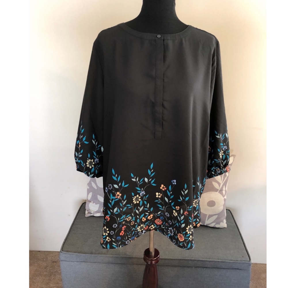 Woman Within Black Floral Border Print Top 18/20